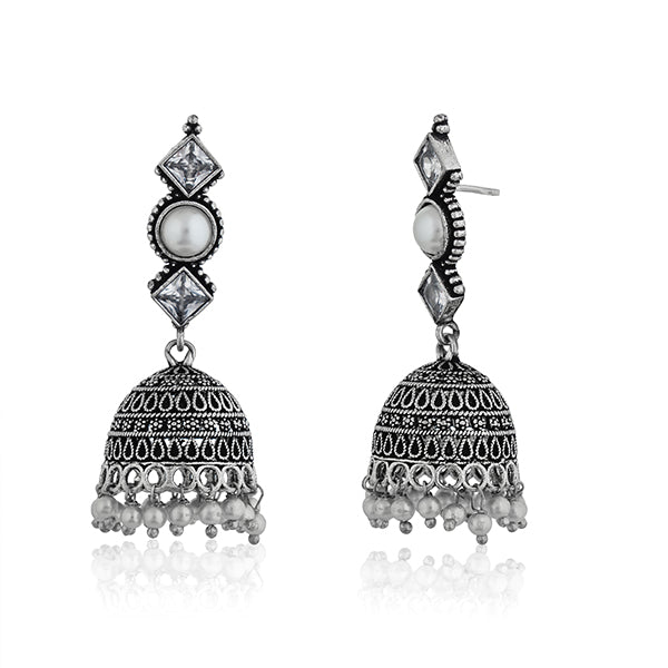 Intricately detailed oxidised jhumka earrings, showcasing a traditional design for a timeless look."
