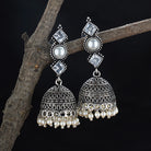 Intricately detailed oxidised jhumka earrings, showcasing a traditional design for a timeless look."
