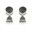 "Exquisite oxidized jhumkas with a beautifully crafted peacock feather design, perfect for festive occasions."

