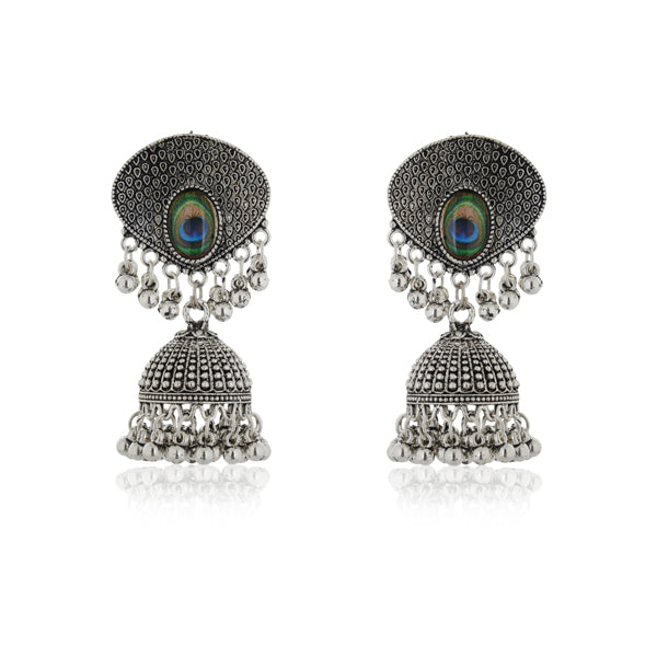 "Exquisite oxidized jhumkas with a beautifully crafted peacock feather design, perfect for festive occasions."
