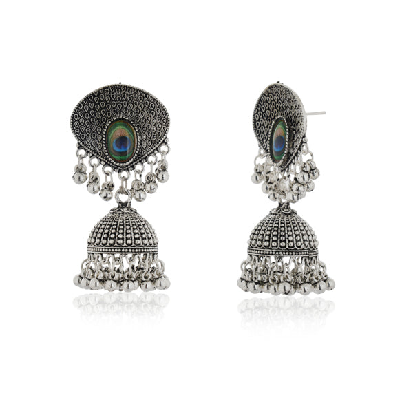 "Exquisite oxidized jhumkas with a beautifully crafted peacock feather design, perfect for festive occasions."
