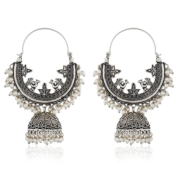 Beautiful oxidized jhumka earrings with intricate detailing for a traditional festive look.
