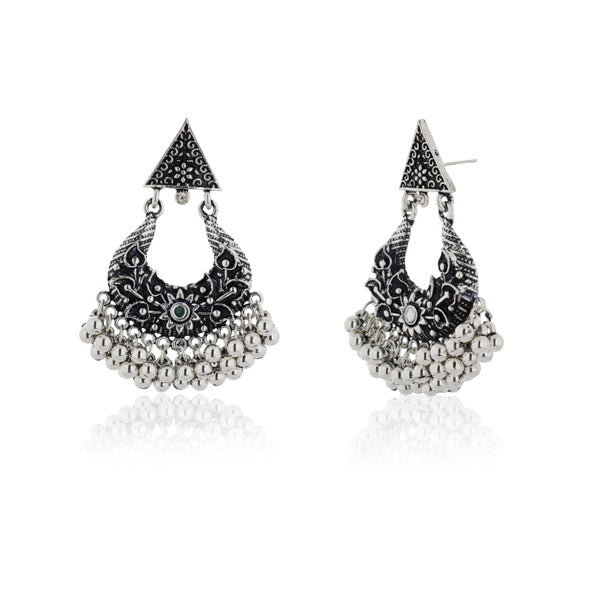 Elegant oxidized hoop earrings with intricate vintage design for festive outfits.
