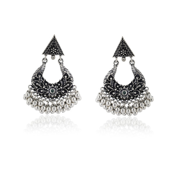 Elegant oxidized hoop earrings with intricate vintage design for festive outfits.
