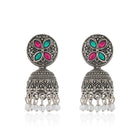 Elegant oxidized necklace set with green and pink stones, paired with matching jhumka earrings.
