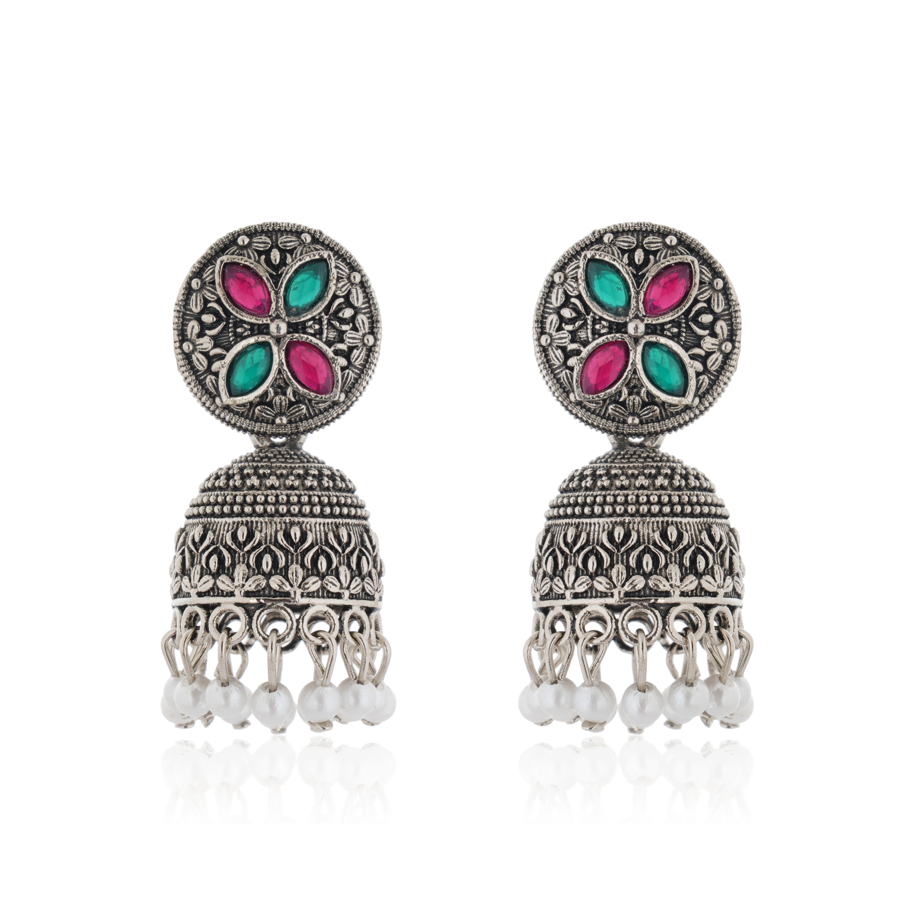 Elegant oxidized necklace set with green and pink stones, paired with matching jhumka earrings.
