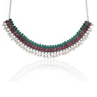 Elegant oxidized necklace set with green and pink stones, paired with matching jhumka earrings.
