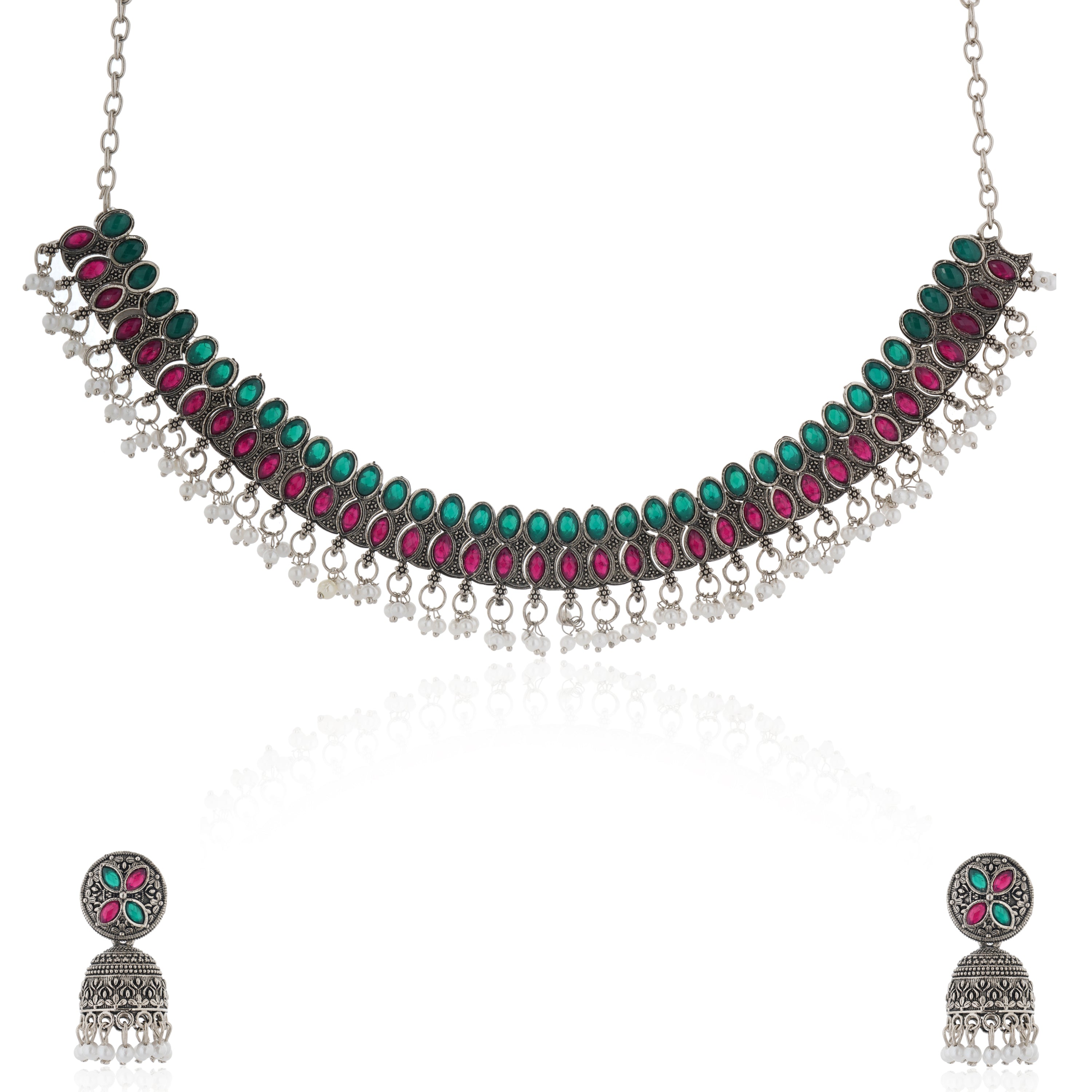 Elegant oxidized necklace set with green and pink stones, paired with matching jhumka earrings.
