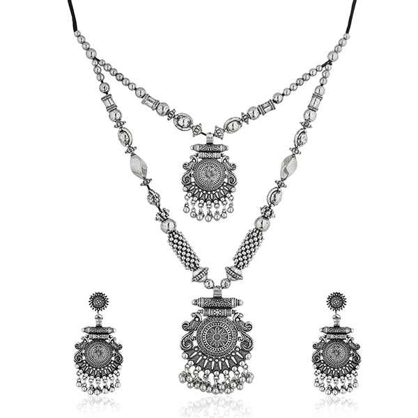Beautiful oxidized long necklace set with intricate detailing and vintage charm for festive style.
