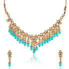 Festive Kundan necklace set with teal and white pearls, offering a vibrant and elegant touch.
