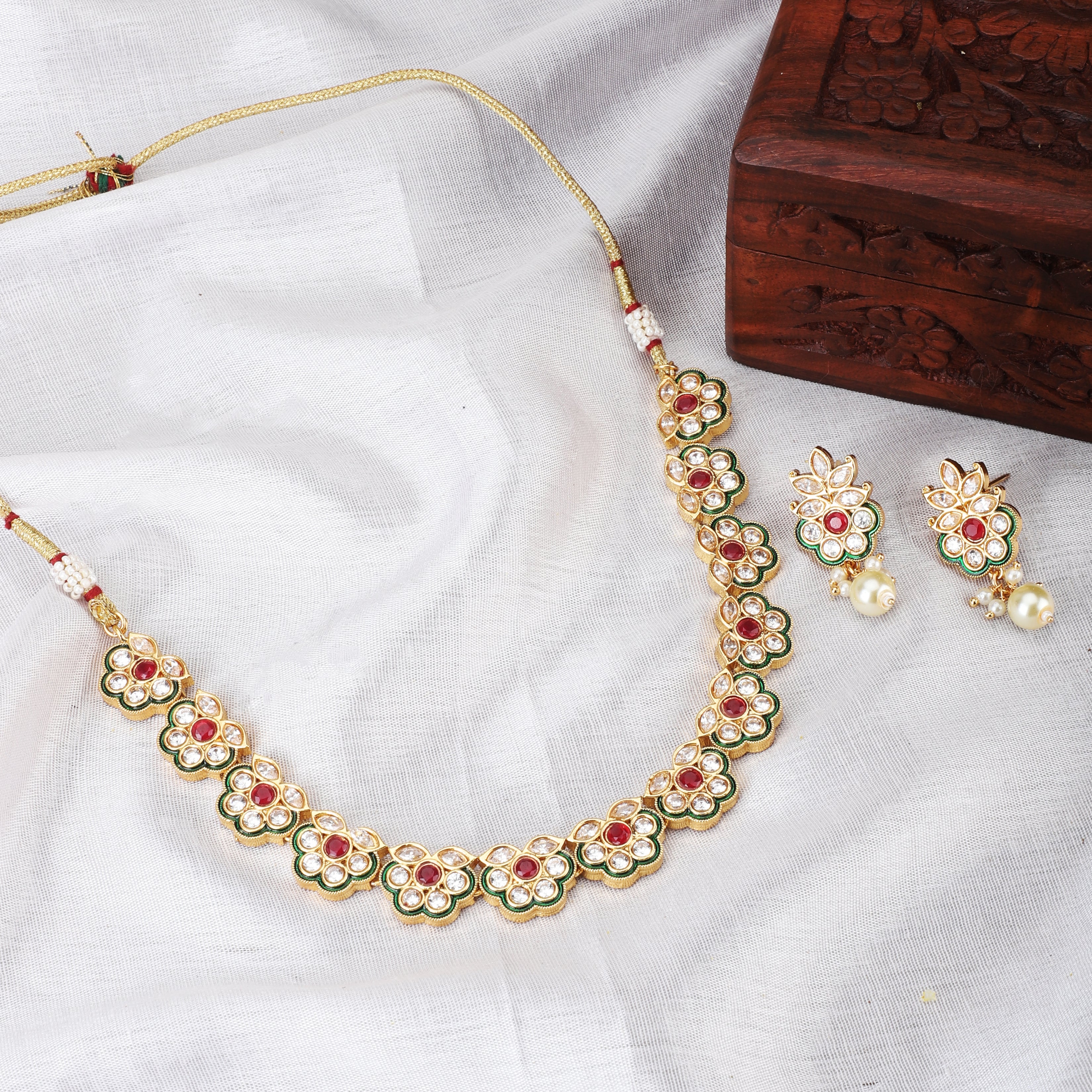 Exquisite Goddess Laxmi crafted temple necklace set with intricate design for festive occasions.
