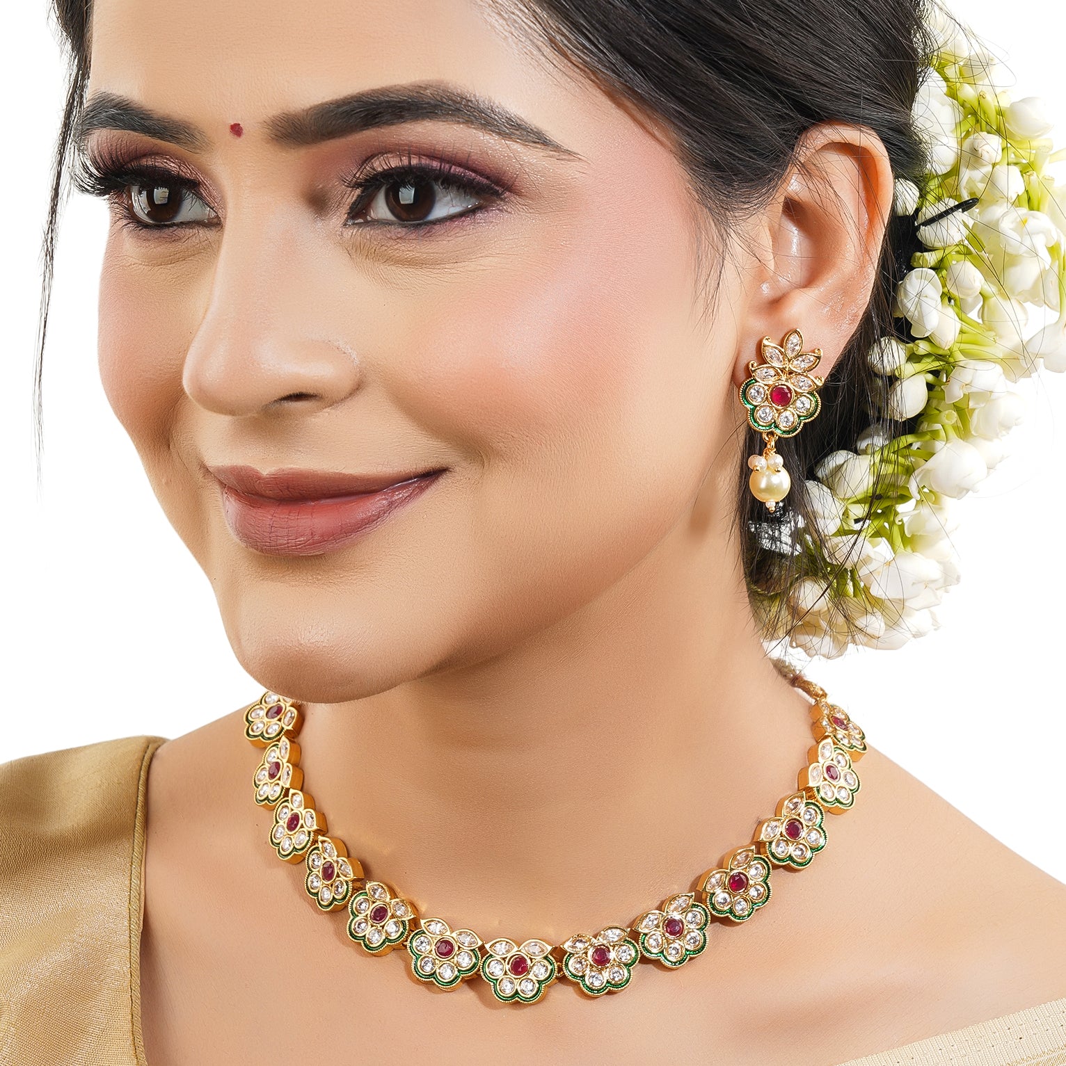 Exquisite Goddess Laxmi crafted temple necklace set with intricate design for festive occasions.
