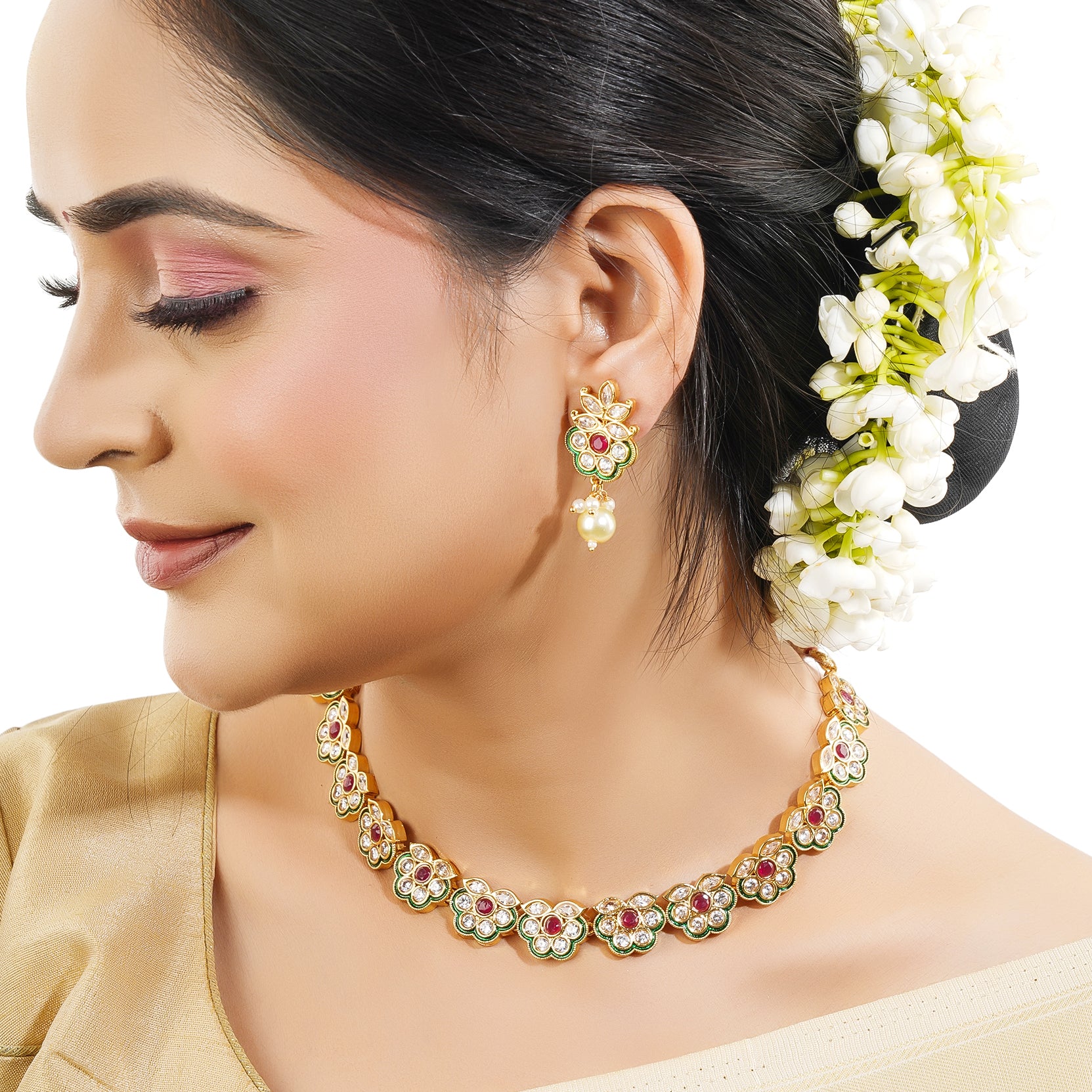 Exquisite Goddess Laxmi crafted temple necklace set with intricate design for festive occasions.
