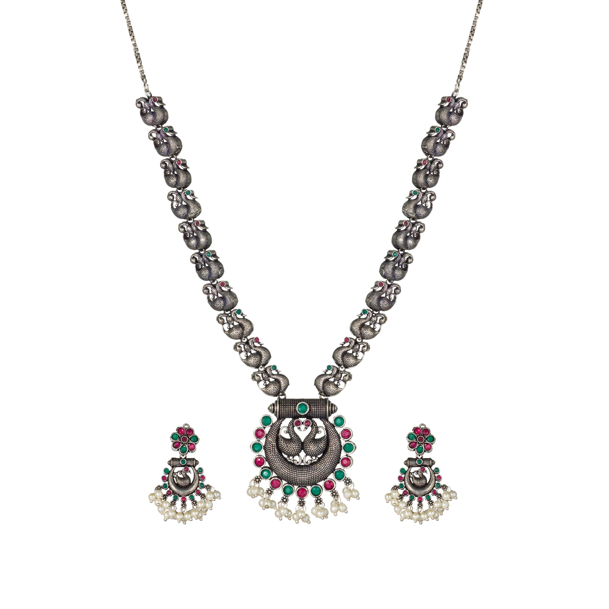 Intricate oxidized necklace set with a beautiful peacock design for a festive look.
