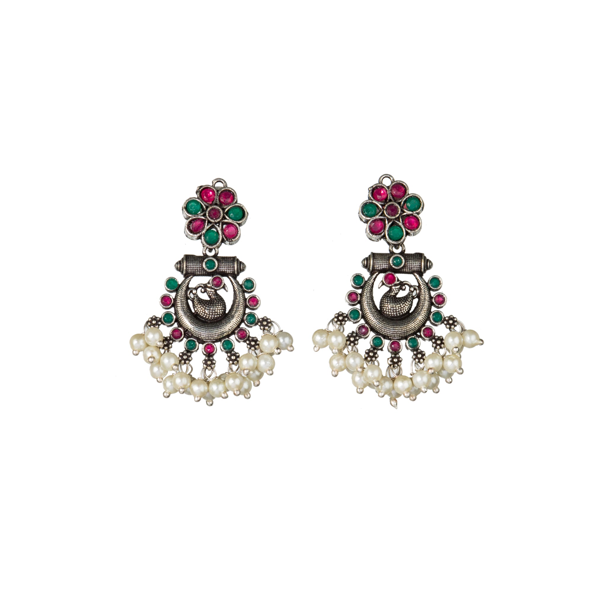 Intricate oxidized necklace set with a beautiful peacock design for a festive look.
