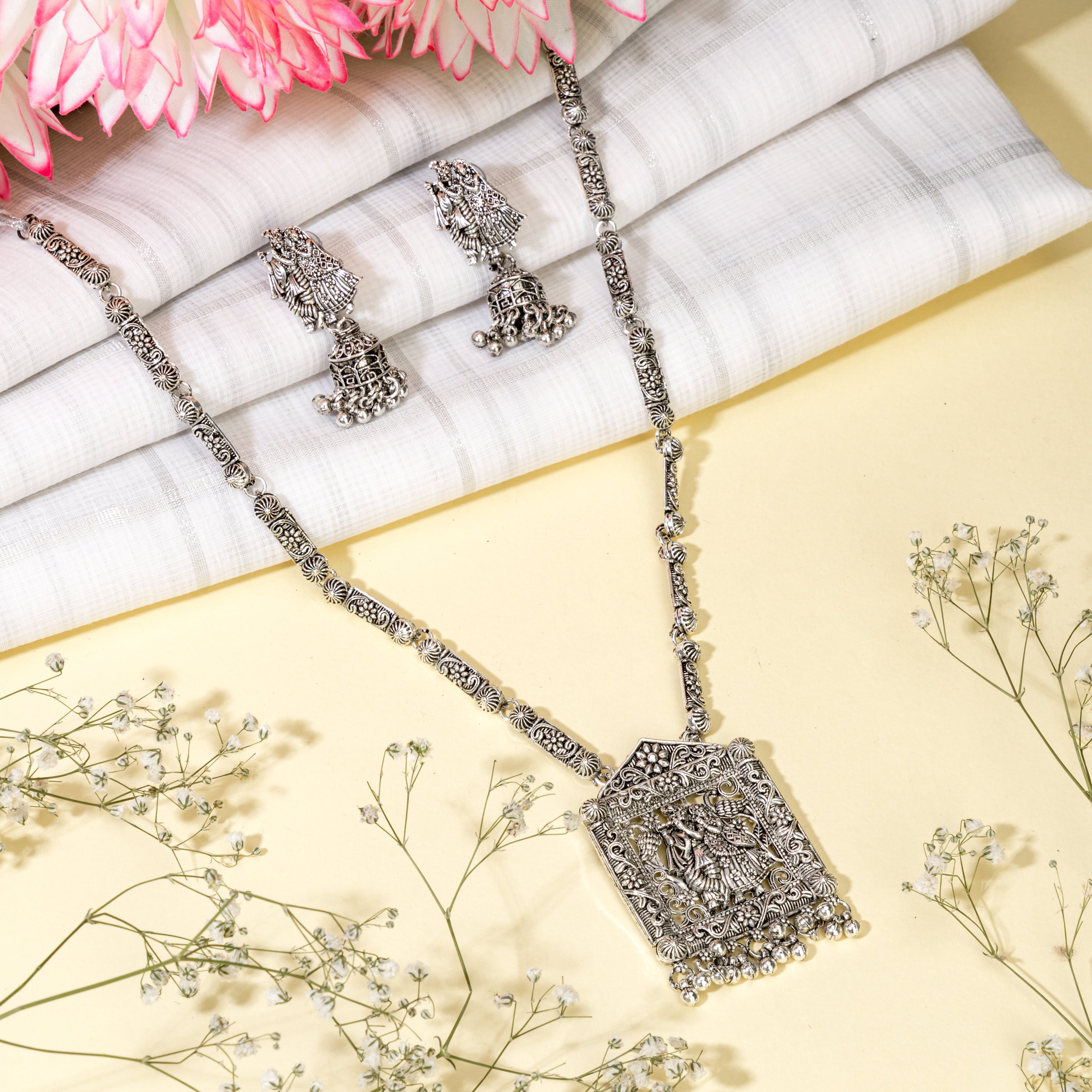 Elegant oxidized long necklace set, perfect for festive looks with a traditional touch.
