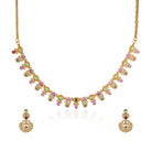 Gold-tone short necklace set with vibrant multicolor stones and matching earrings, perfect for celebrations.
