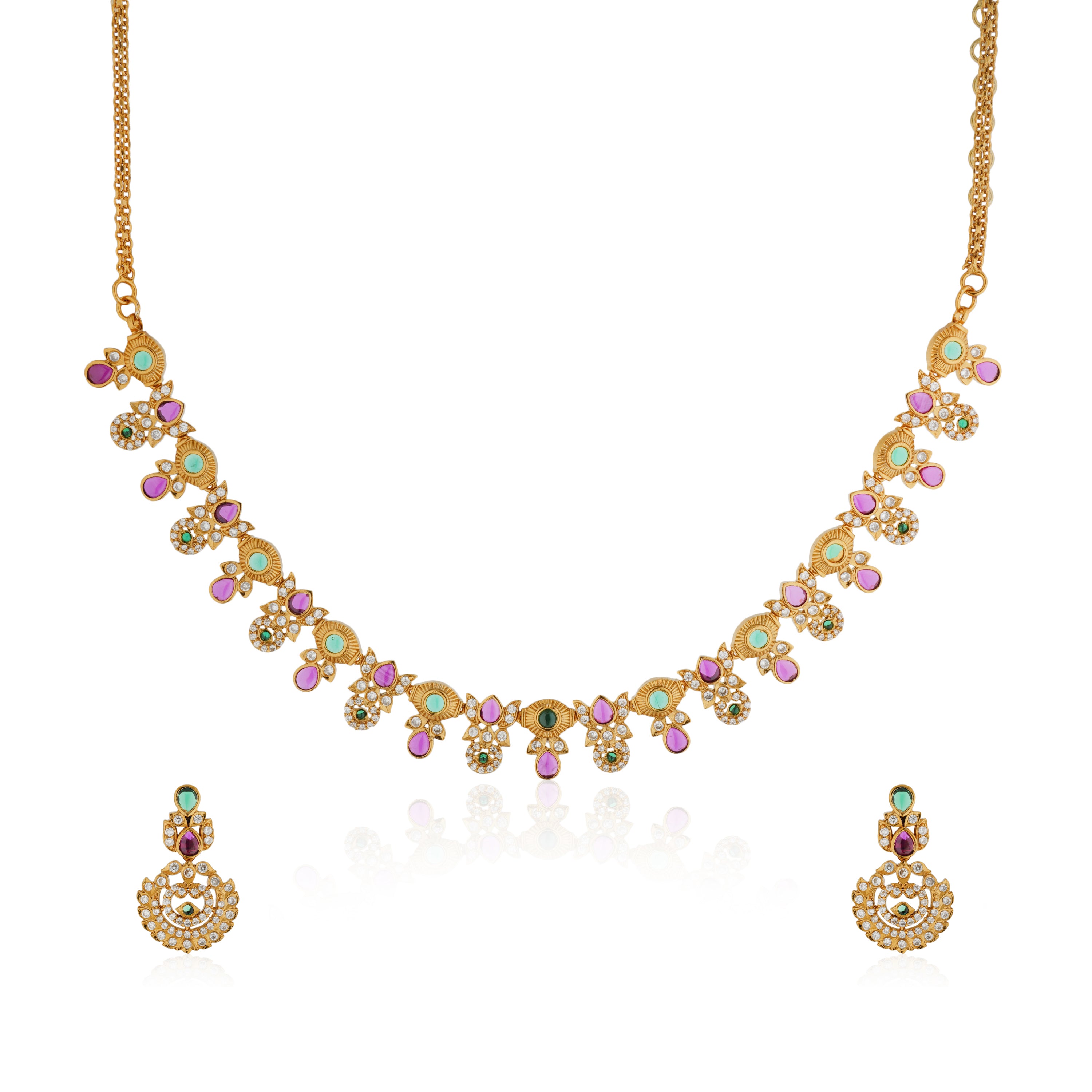 Gold-tone short necklace set with vibrant multicolor stones and matching earrings, perfect for celebrations.
