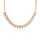Gold-tone short necklace set with vibrant multicolor stones and matching earrings, perfect for celebrations.
