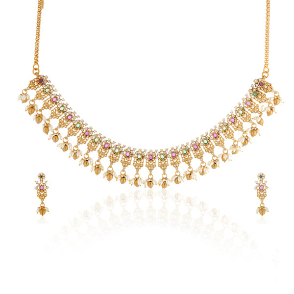"Gold-tone short necklace set with multicolor stones and zircon accents for a festive look."
