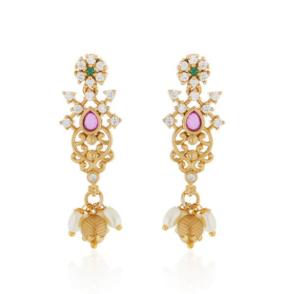 "Gold-tone short necklace set with multicolor stones and zircon accents for a festive look."
