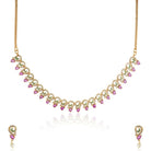 Vibrant multicolor stone-studded goldtone necklace set with matching earrings for festive elegance.
