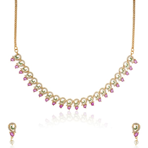 Vibrant multicolor stone-studded goldtone necklace set with matching earrings for festive elegance.
