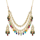 "Elegant double-layer Kundan necklace set with multicolor pearls, perfect for a vibrant festive look."

