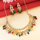 "Elegant double-layer Kundan necklace set with multicolor pearls, perfect for a vibrant festive look."
