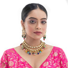 "Elegant double-layer Kundan necklace set with multicolor pearls, perfect for a vibrant festive look."
