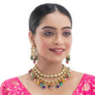 "Elegant double-layer Kundan necklace set with multicolor pearls, perfect for a vibrant festive look."
