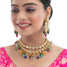 "Elegant double-layer Kundan necklace set with multicolor pearls, perfect for a vibrant festive look."
