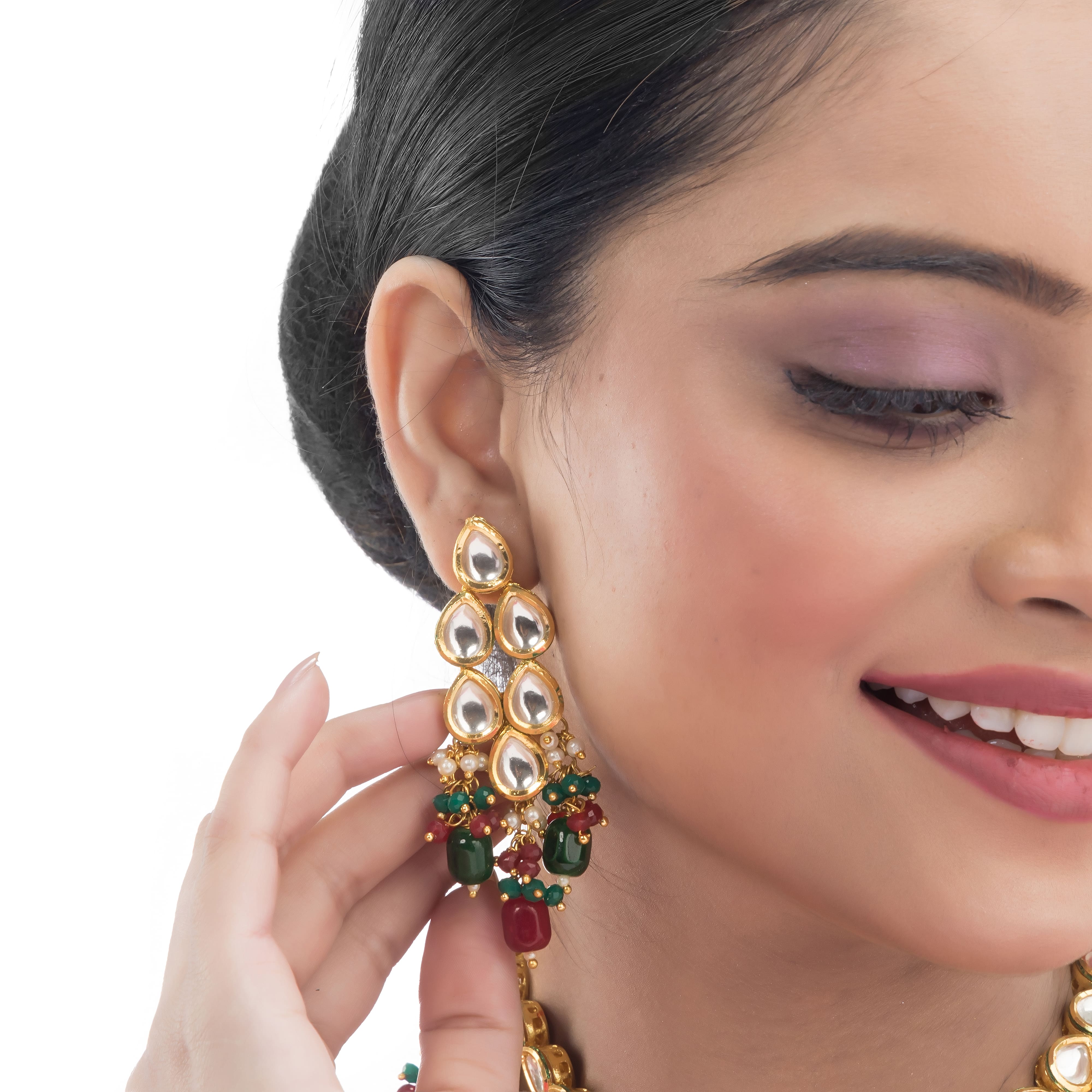 "Elegant double-layer Kundan necklace set with multicolor pearls, perfect for a vibrant festive look."
