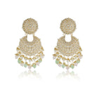 "Multicolor Kundan and pearl earrings with Maang Tikka, perfect for a classic festive style."
