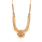 "Goldtone Laxmi Maa crafted long necklace set with matching earrings and Maang Tikka for festive elegance."
