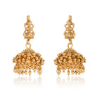 "Goldtone Laxmi Maa crafted long necklace set with matching earrings and Maang Tikka for festive elegance."
