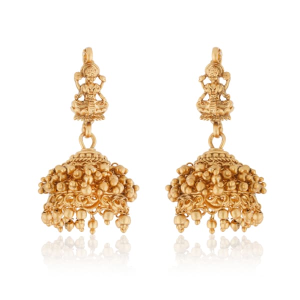 "Goldtone Laxmi Maa crafted long necklace set with matching earrings and Maang Tikka for festive elegance."
