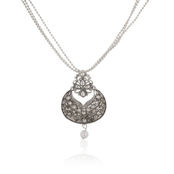 "Charming oxidized silver short necklace set with vintage detailing for any festive outfit."
