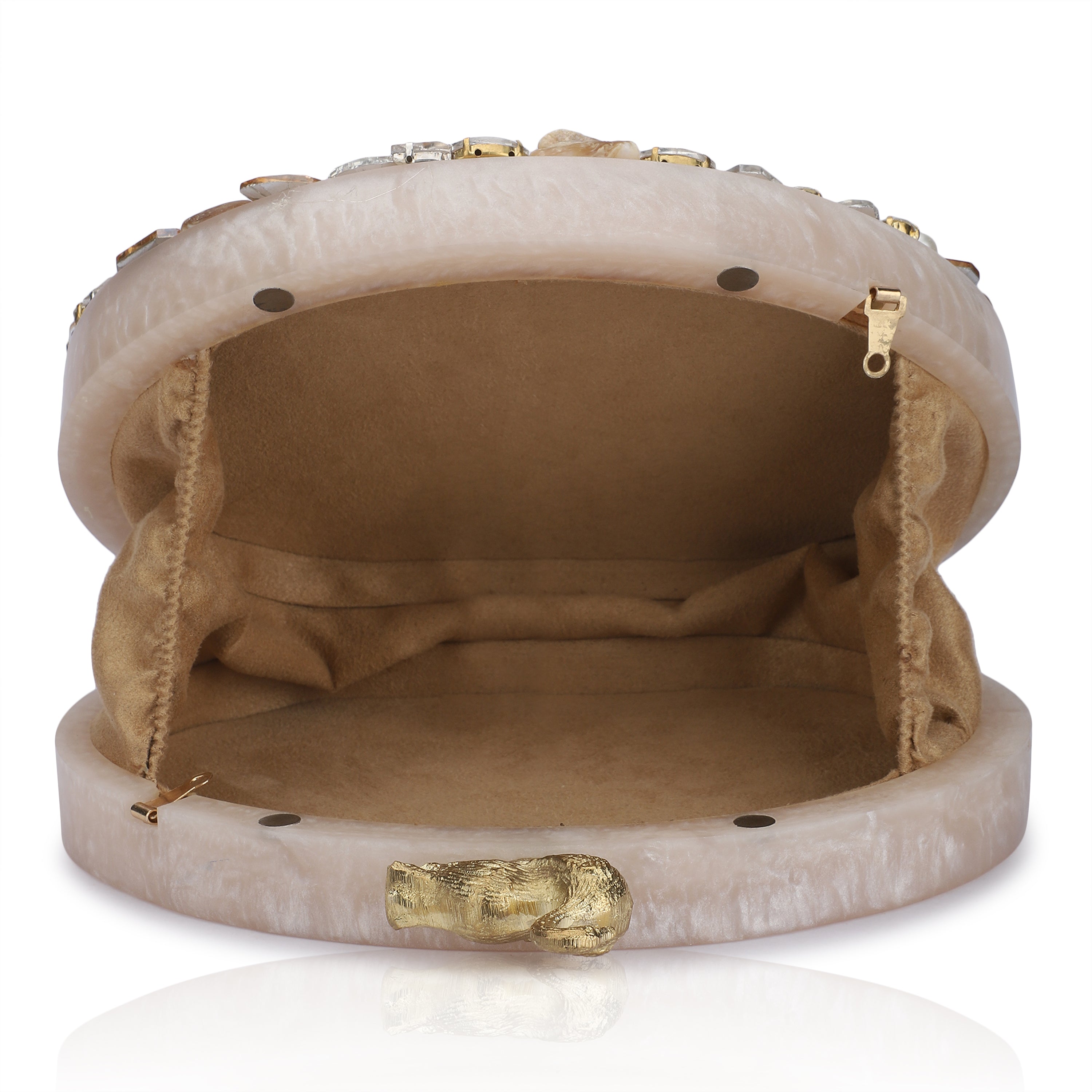 Oval-shaped salmon resin clutch with peacock design closure and sleek sling chain for style.
