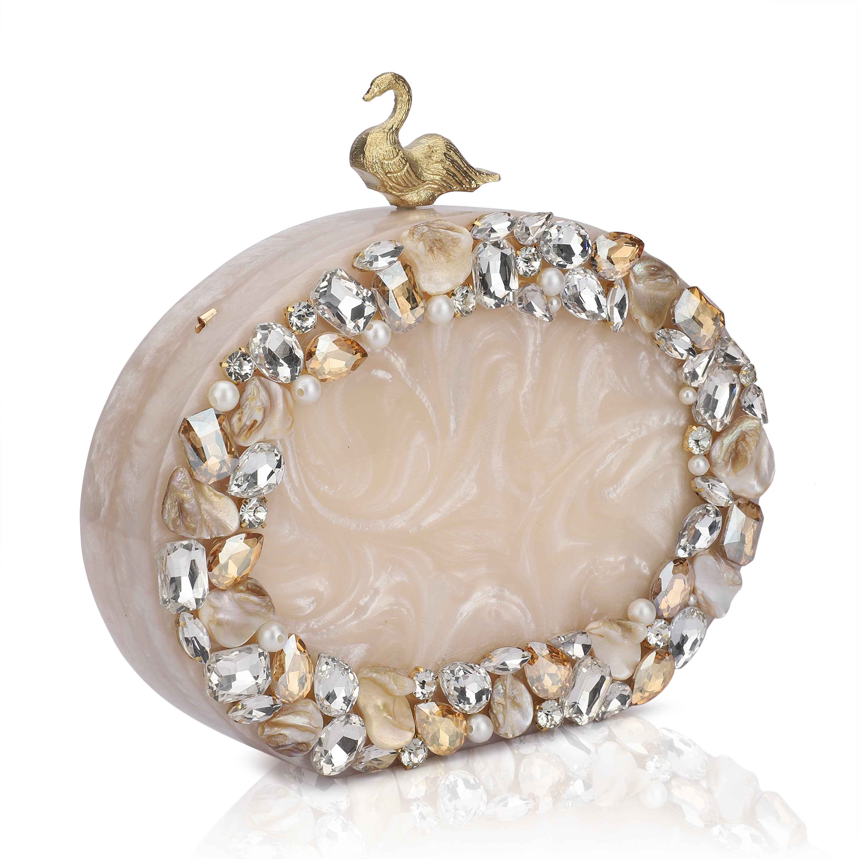 Oval-shaped salmon resin clutch with peacock design closure and sleek sling chain for style.
