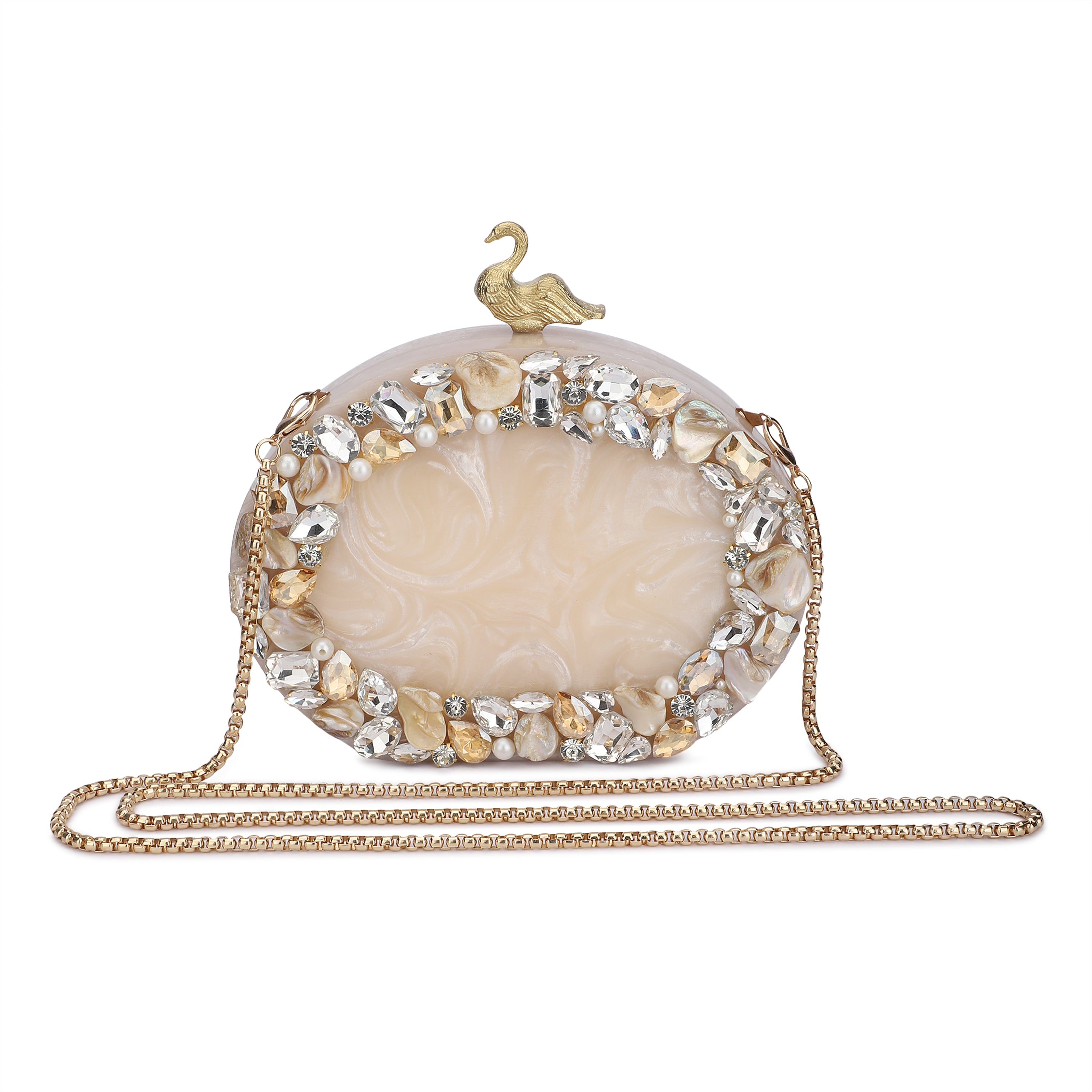 Oval-shaped salmon resin clutch with peacock design closure and sleek sling chain for style.
