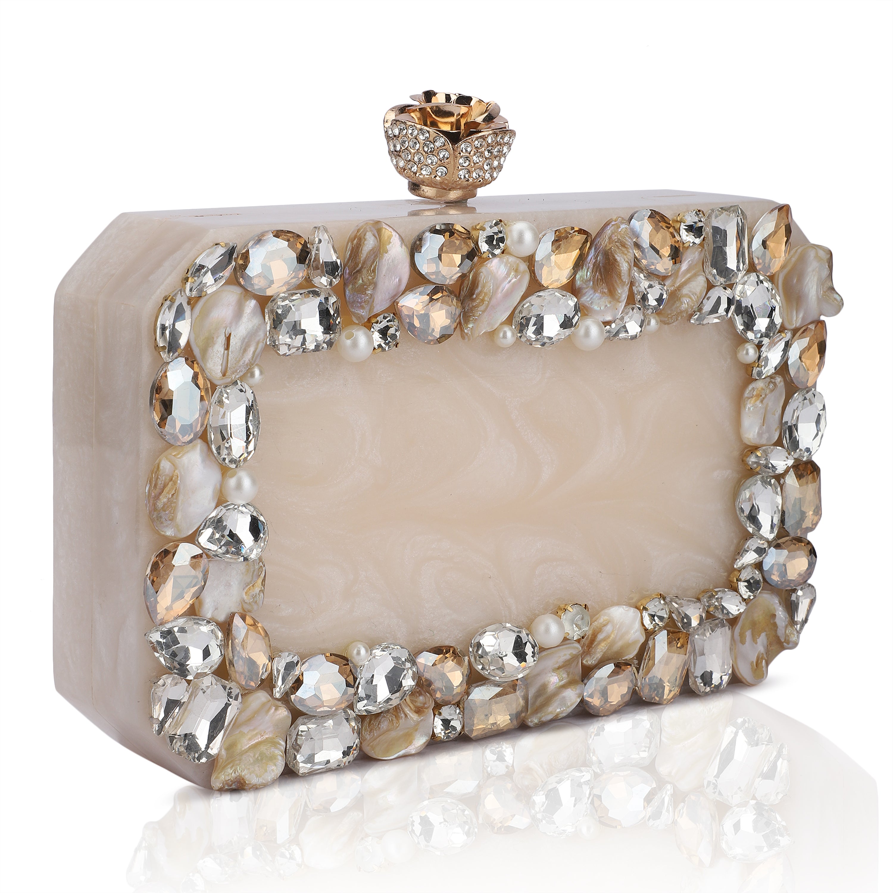 Resin-embellished salmon clutch with rose knob, sturdy sling, and extra pocket for convenience.
