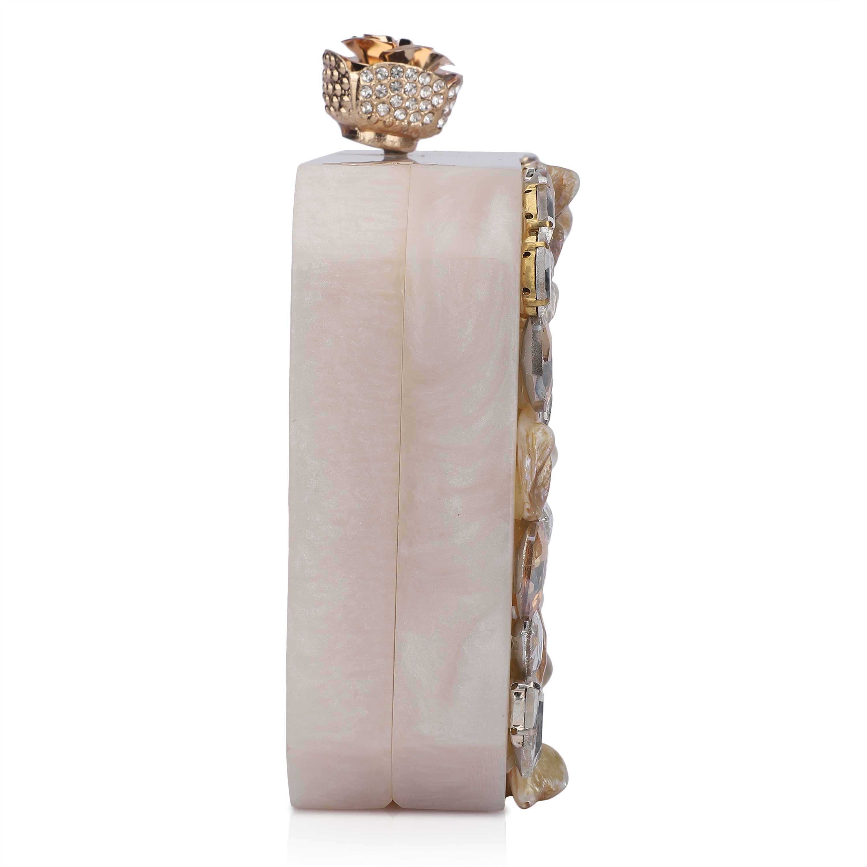 Resin-embellished salmon clutch with rose knob, sturdy sling, and extra pocket for convenience.
