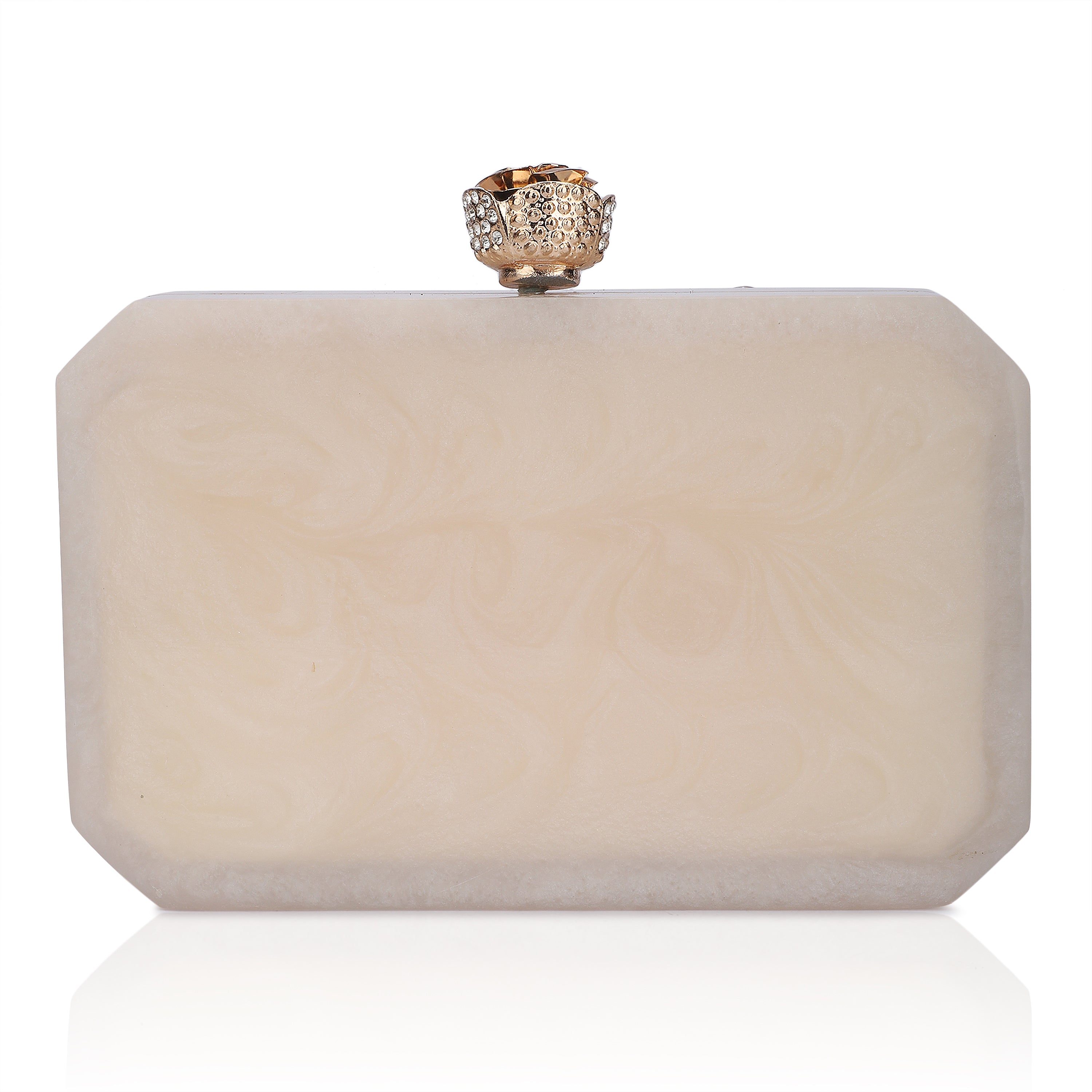 Resin-embellished salmon clutch with rose knob, sturdy sling, and extra pocket for convenience.

