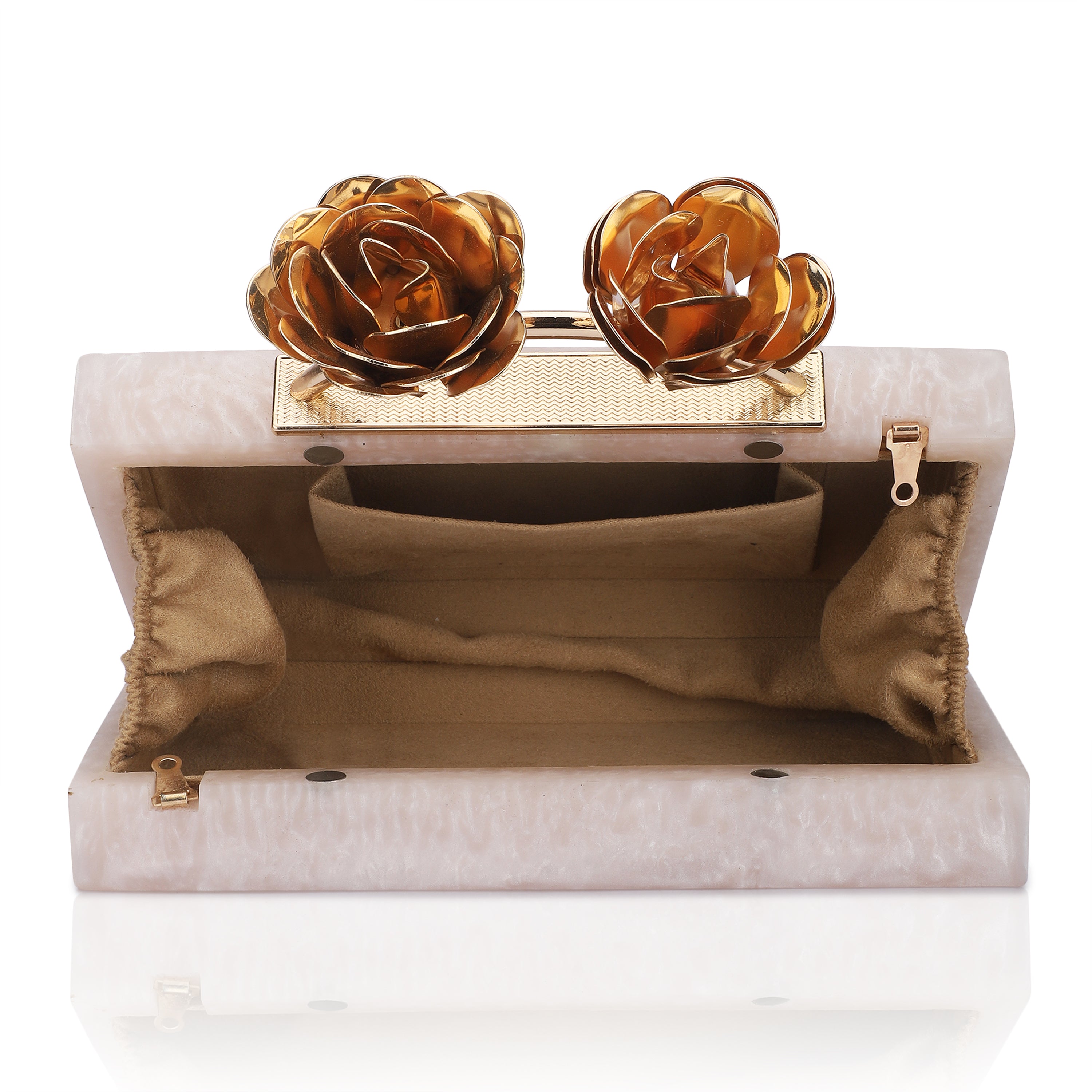 Elegant salmon resin clutch with rose knob, soft lining, and heavy sling for convenience.
