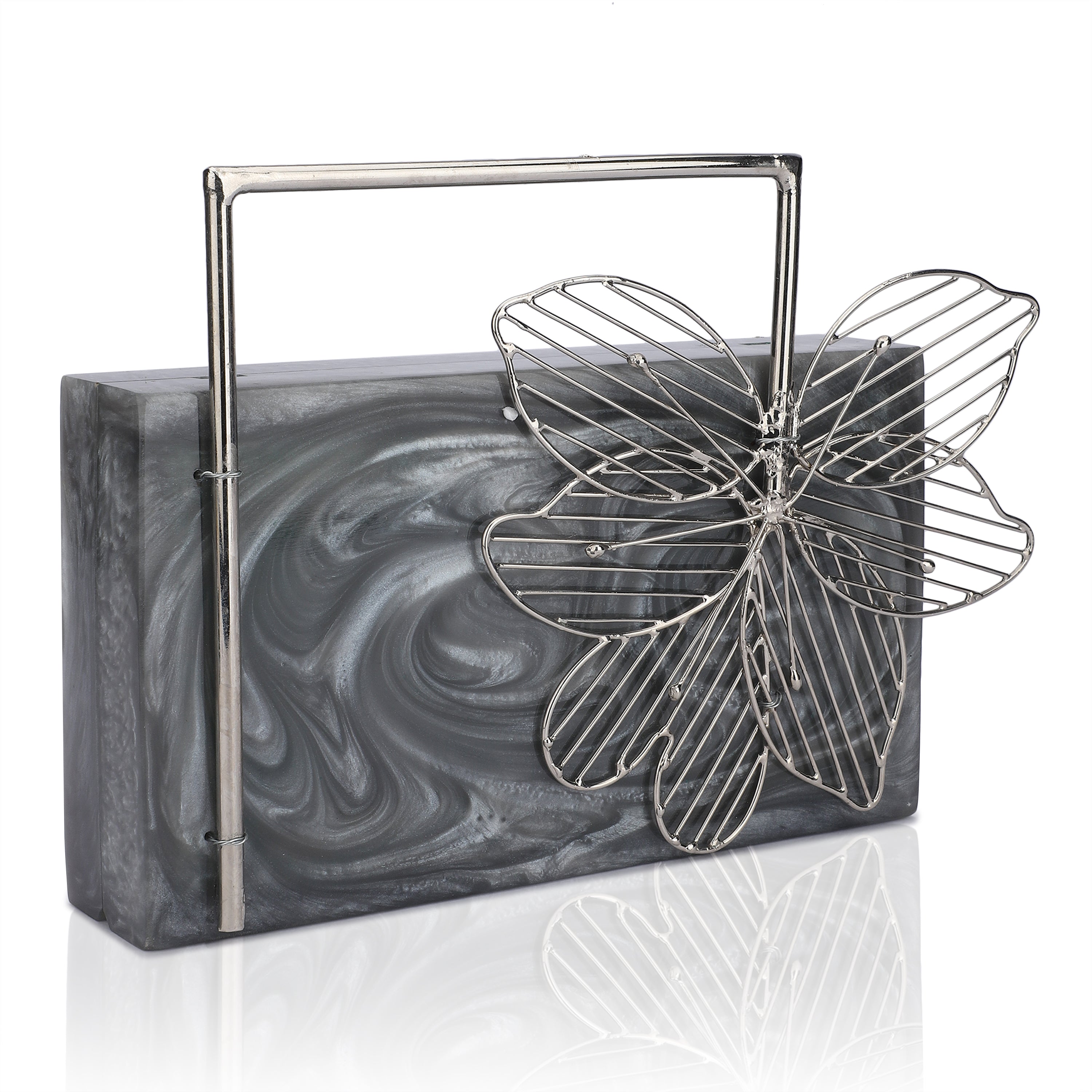 Exclusive grey resin clutch with flower handles, heavy sling, and extra pocket for practicality.
