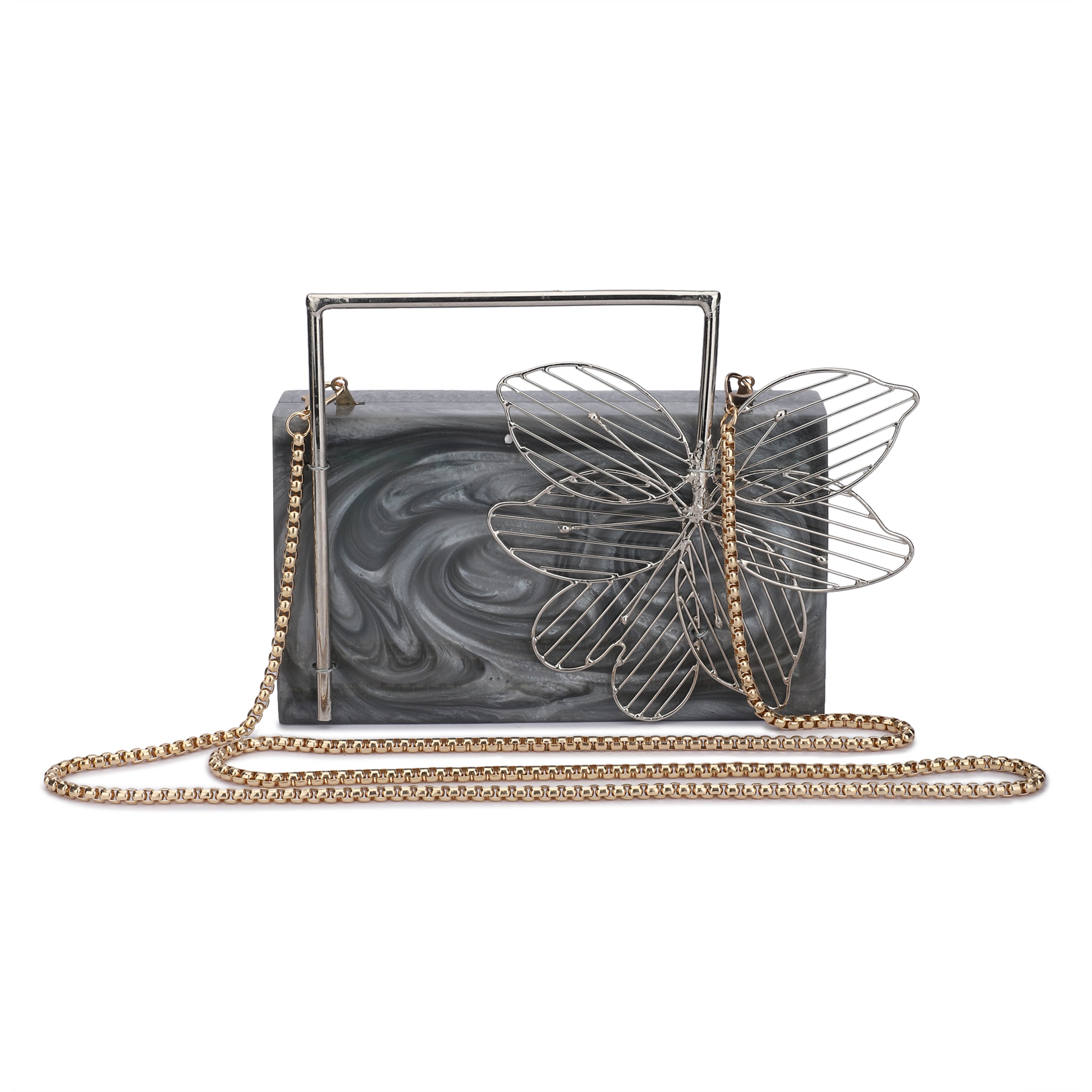 Exclusive grey resin clutch with flower handles, heavy sling, and extra pocket for practicality.
